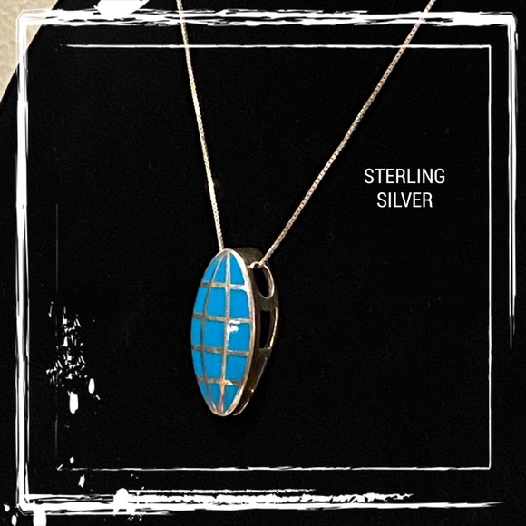 Turquoise Inlay Sterling Silver Oval Pendant Necklace - Picture 3 of 9